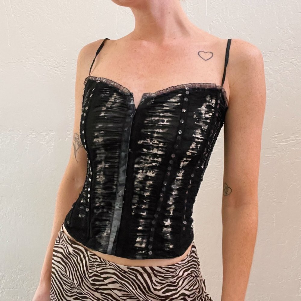 Vintage Y2K Guess Black Ruched Mesh Corset Tank Top - Picture 2 of 6